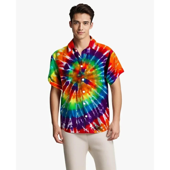 ❤️Men Rainbow Print Short Sleeve Hawaiian Fit Casual Button Down Beach Shirts - Picture 5 of 7